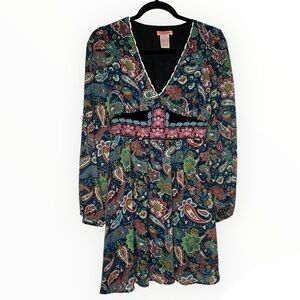 Flying Tomato Long Sleeve Blue Boho Paisley Dress medium